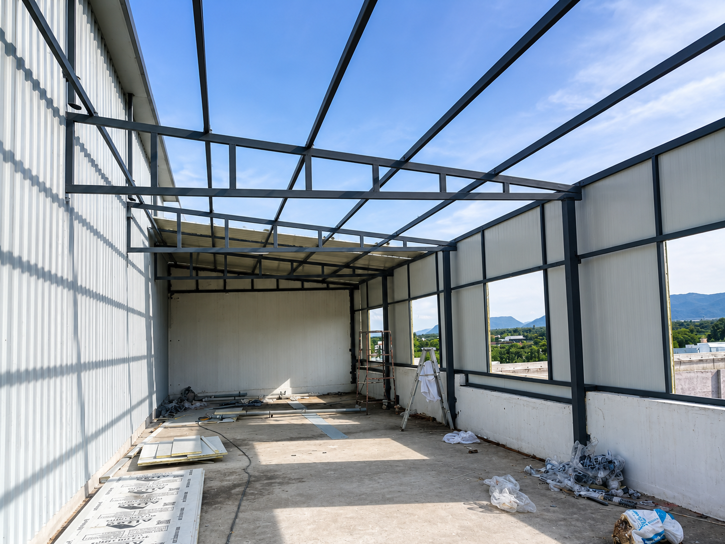 PEB commercial extension skeleton under construction